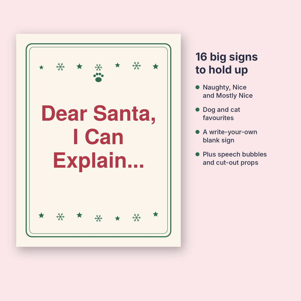 Big red and cream "Dear Santa, I Can Explain" hold-up sign, one of 16 holiday photo signs