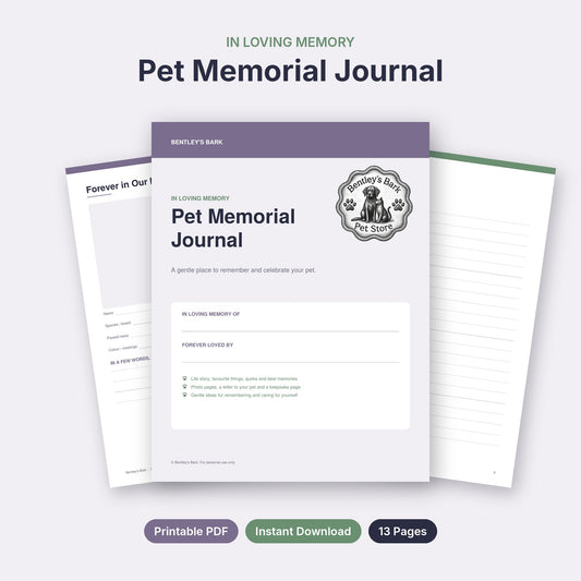 Pet Memorial Journal printable PDF cover with Bentley's Bark logo, 13 pages, in loving memory