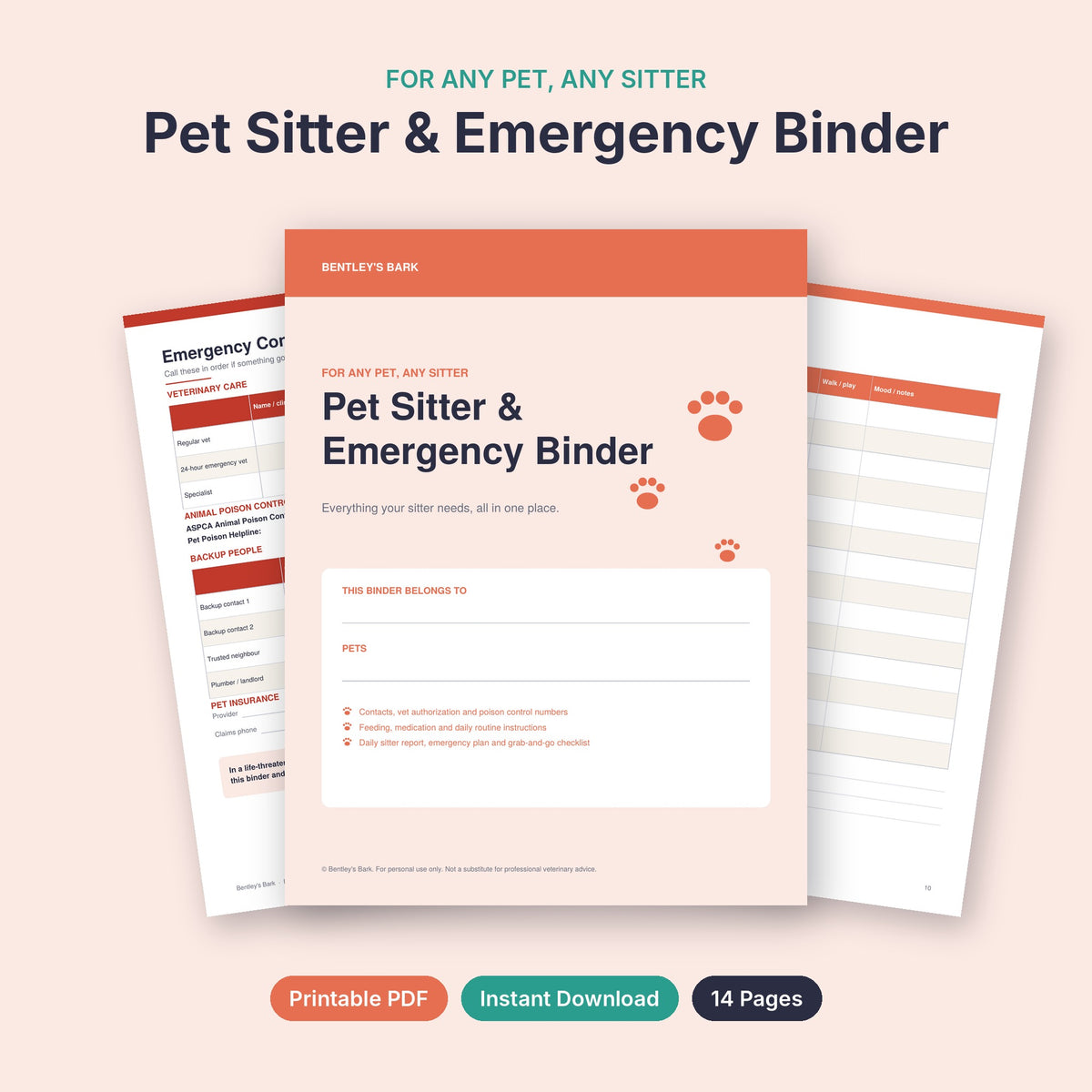 Pet Sitter and Emergency Binder printable PDF cover with contacts and sitter report pages behind it