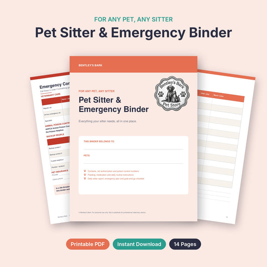 Pet Sitter & Emergency Binder printable PDF cover with Bentley's Bark logo, 14 pages, instant download