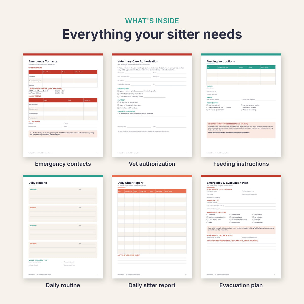 Inside pages: emergency contacts, vet authorization, feeding, daily routine, sitter report and evacuation plan