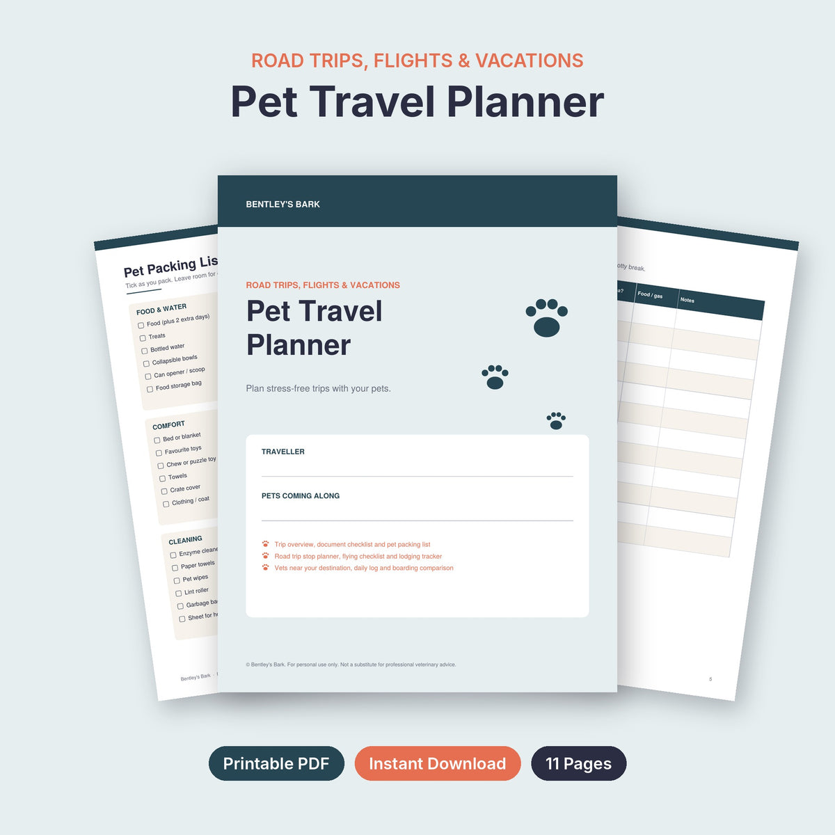 Inside pages: trip overview, travel documents, packing list, road trip planner, flying checklist and vet contacts