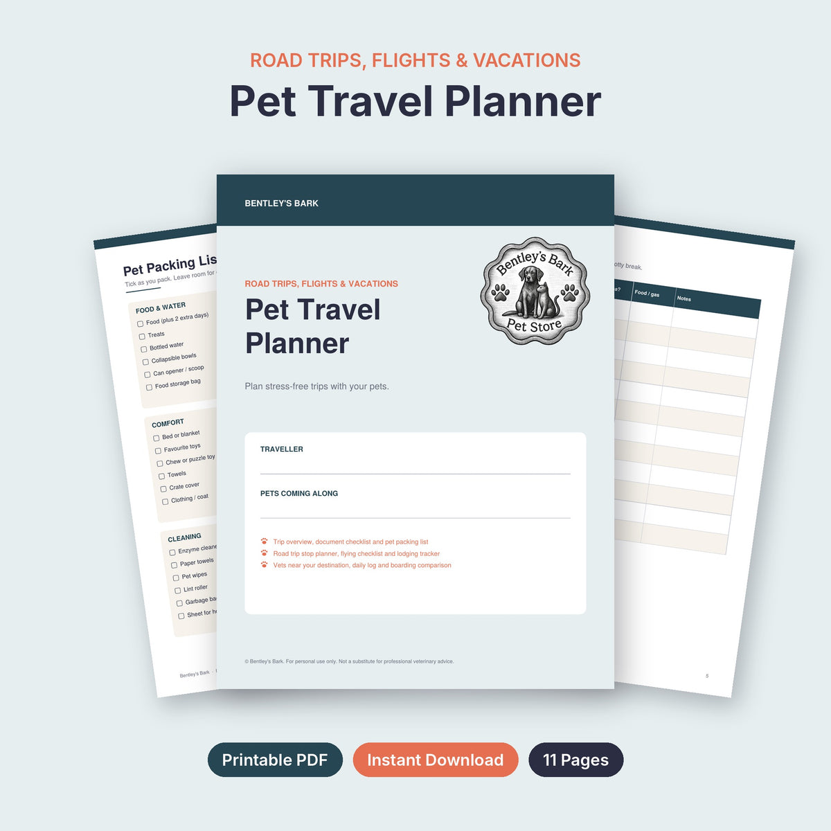 Pet Travel Planner printable PDF cover with Bentley's Bark logo, 11 pages, instant download
