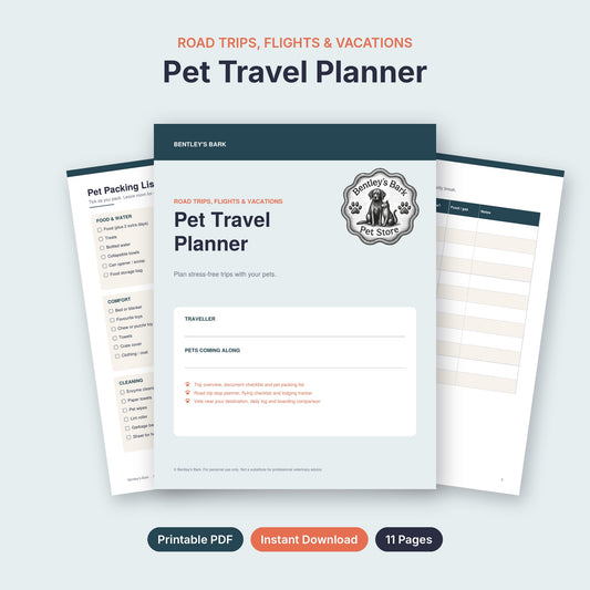 Pet Travel Planner printable PDF cover with Bentley's Bark logo, 11 pages, instant download