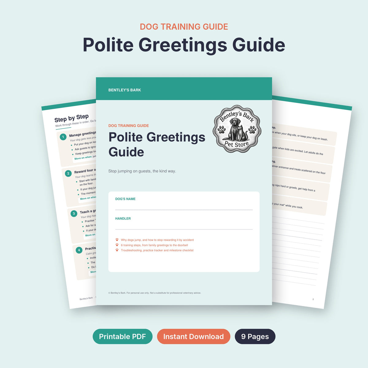 Polite Greetings Guide printable PDF cover with the Bentley's Bark logo and inside pages behind it