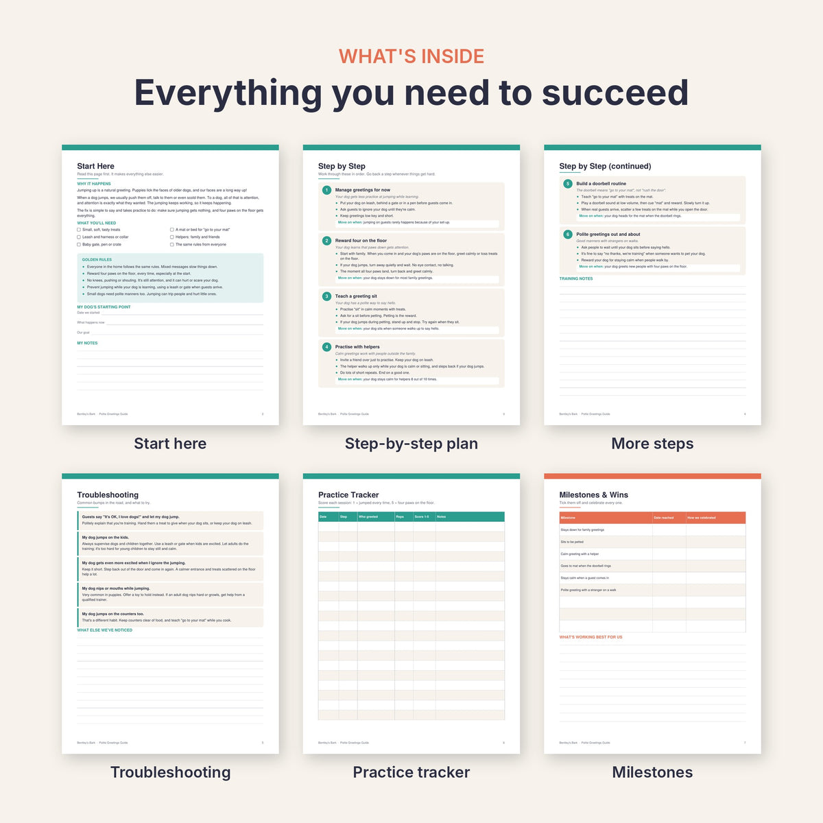 Inside pages: start here, step-by-step training plan, troubleshooting, practice tracker and milestones