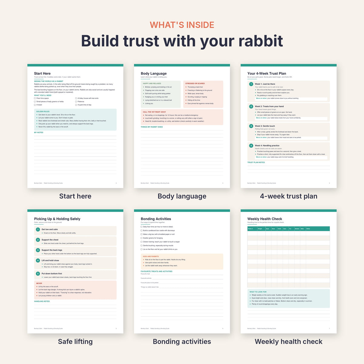 Inside pages: start here, body language, 4-week trust plan, safe lifting, bonding activities, health check