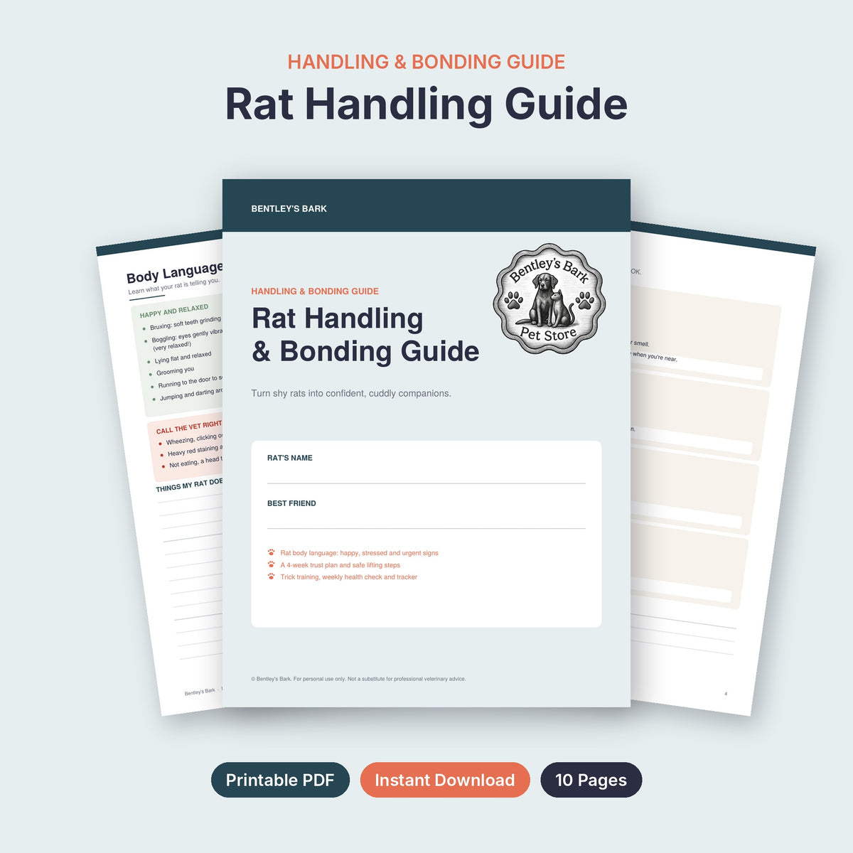 Rat Handling and Bonding Guide printable PDF cover with the Bentley's Bark logo and inside pages