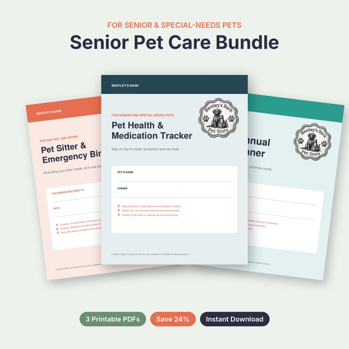 Senior Pet Care Bundle: Health & Medication Tracker, Pet Sitter Binder and 2027 Planner, save 24%