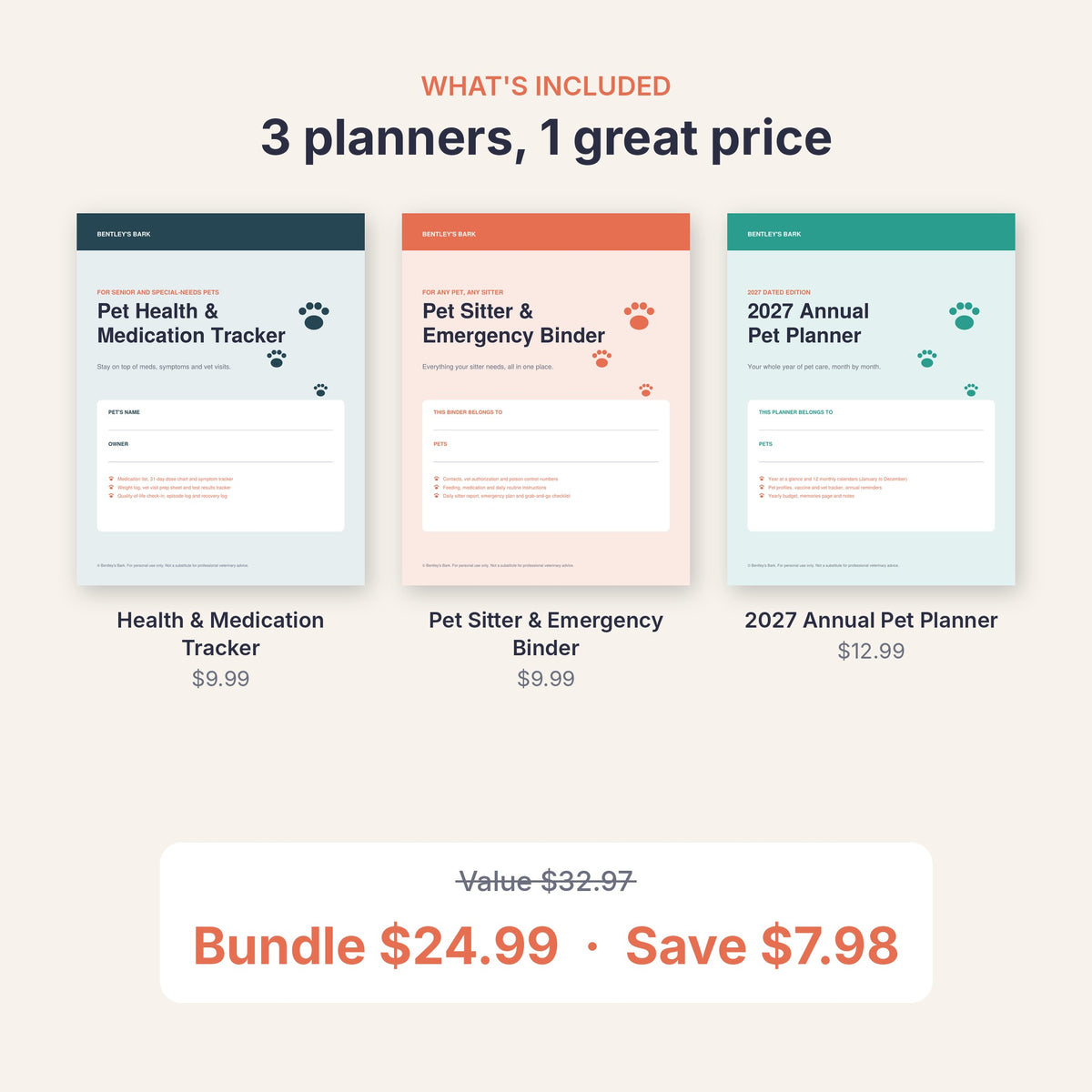 Senior Pet Care Bundle: Health and Medication Tracker, Sitter Binder and 2027 Planner, save 24%
