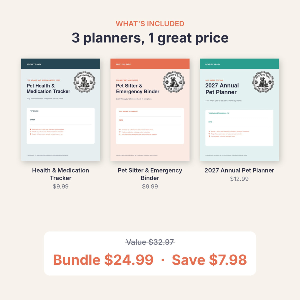 What's included in the Senior Pet Care Bundle: 3 planner covers, value $32.97, bundle $24.99, save $7.98